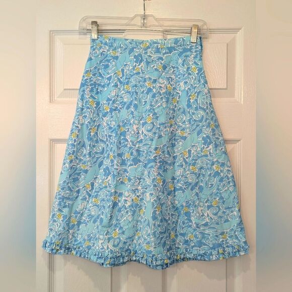 VTG Lilly Pulitzer Kiss the Cook Monkey Blue Floral Midi Cotton Skirt Women 0 - Picture 1 of 7
